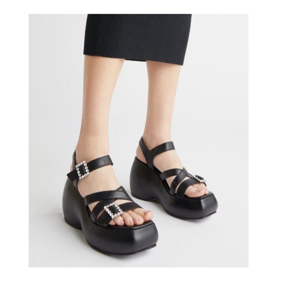 Free People Brooklyn US 7.5 Shoes Black Leather Ankle Strap Platform Sandals